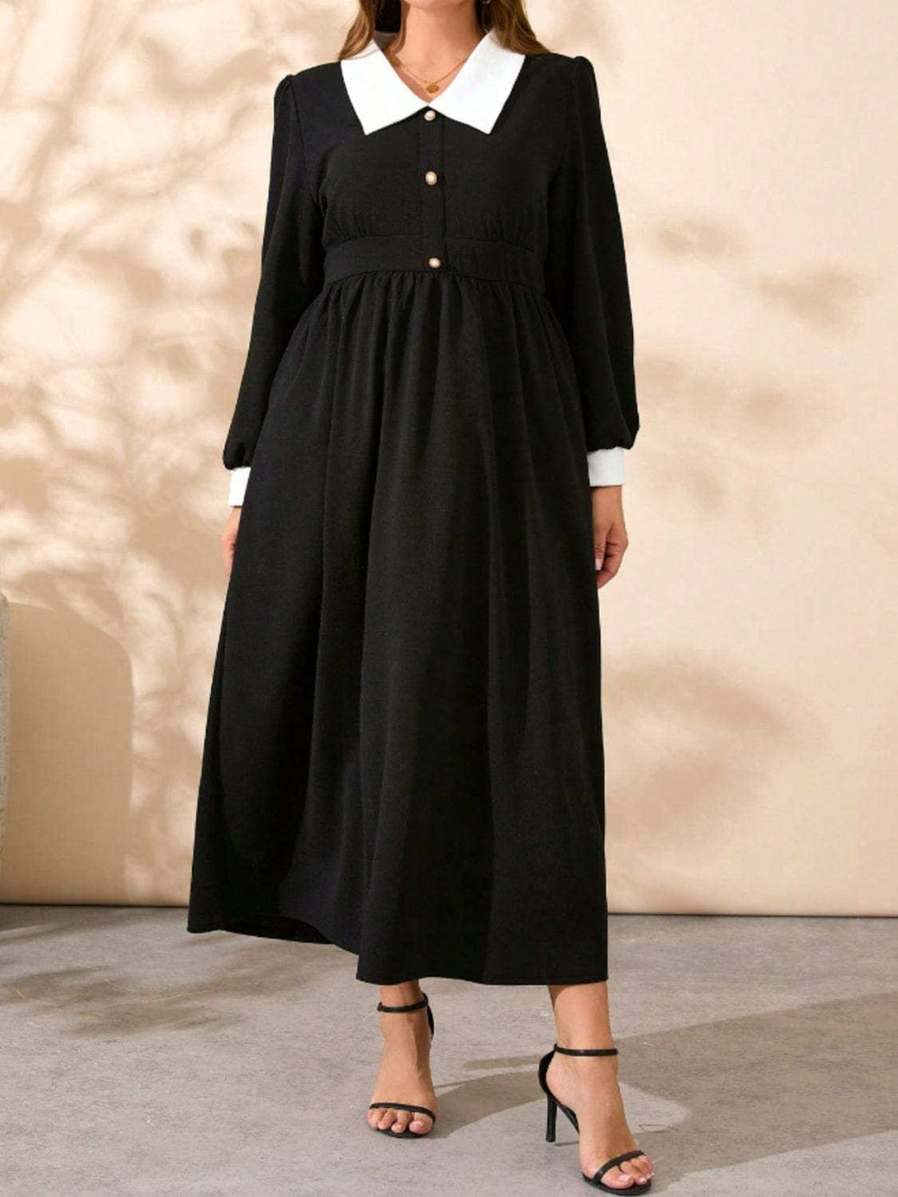 Plus Size Contrast Collared Neck Long Sleeve Midi Dress - Trendsi - Flyclothing LLC