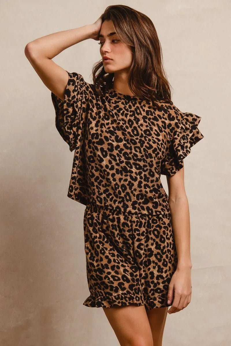 BiBi Leopard Print Waffle Texture Layered Ruffle Sleeve Top and Shorts Set - Trendsi - Flyclothing LLC