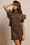 BiBi Leopard Print Waffle Texture Layered Ruffle Sleeve Top and Shorts Set - Trendsi - Flyclothing LLC