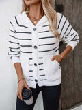 Striped Button Up Long Sleeve Hooded Cardigan - Trendsi - Flyclothing LLC