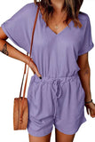 Full Size Drawstring V-Neck Short Sleeve Romper - Trendsi - Flyclothing LLC