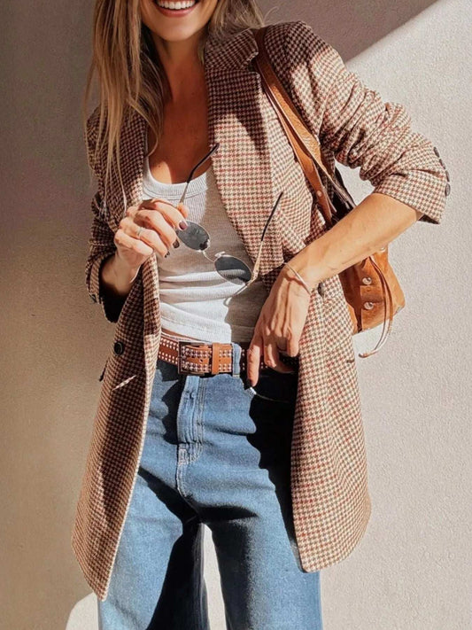 Houndstooth Lapel Collar Blazer - Trendsi - Flyclothing LLC