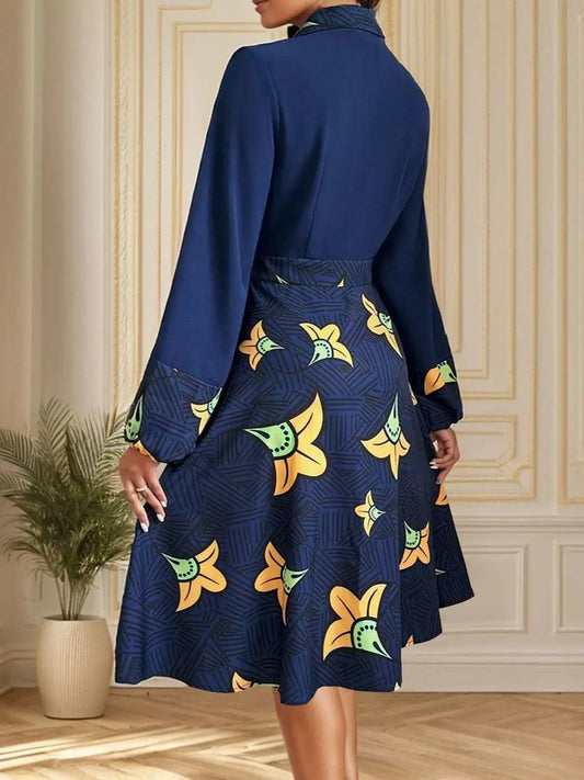 Printed Collared Neck Long Sleeve Dress - Trendsi - Flyclothing LLC