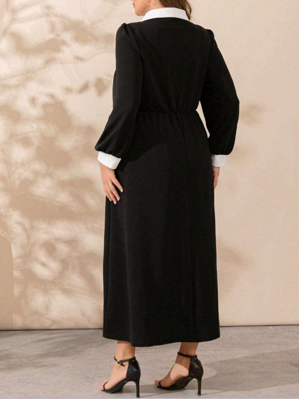 Plus Size Contrast Collared Neck Long Sleeve Midi Dress - Trendsi - Flyclothing LLC