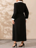 Plus Size Contrast Collared Neck Long Sleeve Midi Dress - Trendsi - Flyclothing LLC