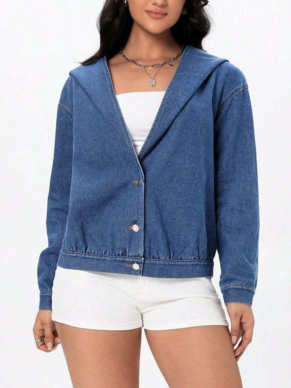 Button Up Hooded Denim Top - Trendsi - Flyclothing LLC