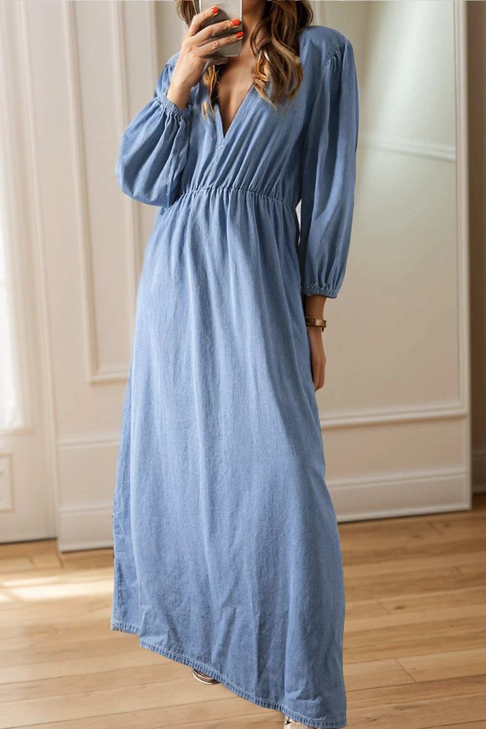 Tied Plunge Three-Quarter Sleeve Denim Dress - Trendsi - Flyclothing LLC