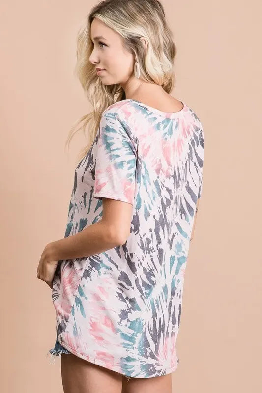 BiBi Tie Dye Print Terry Deep U Neck Top - Trendsi - Flyclothing LLC