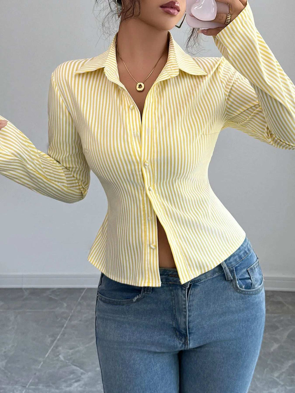 Striped Button-Up Long Sleeve Shirt - Trendsi - Flyclothing LLC