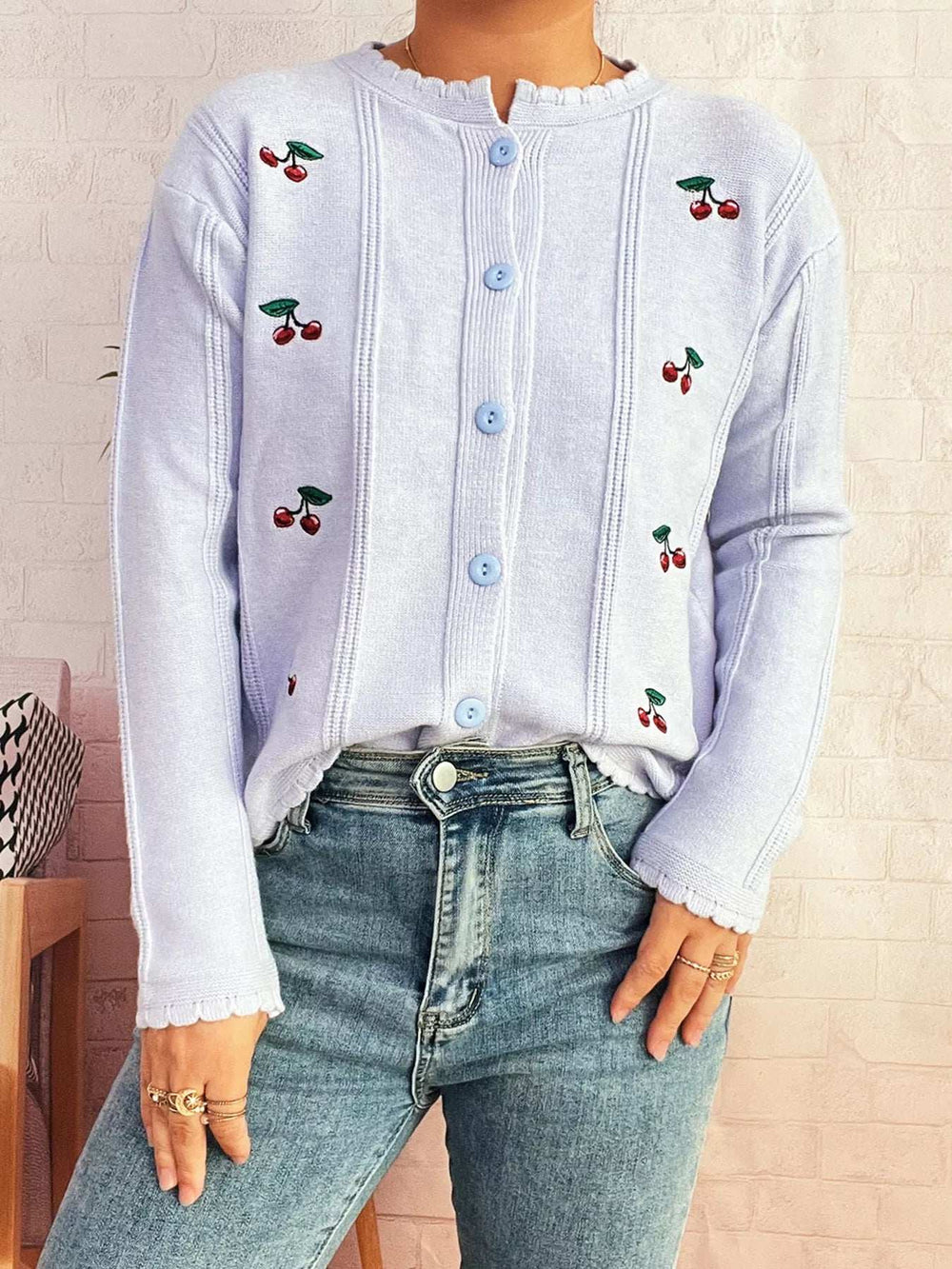 Cherry Embroidered Button Up Cardigan - Trendsi - Flyclothing LLC