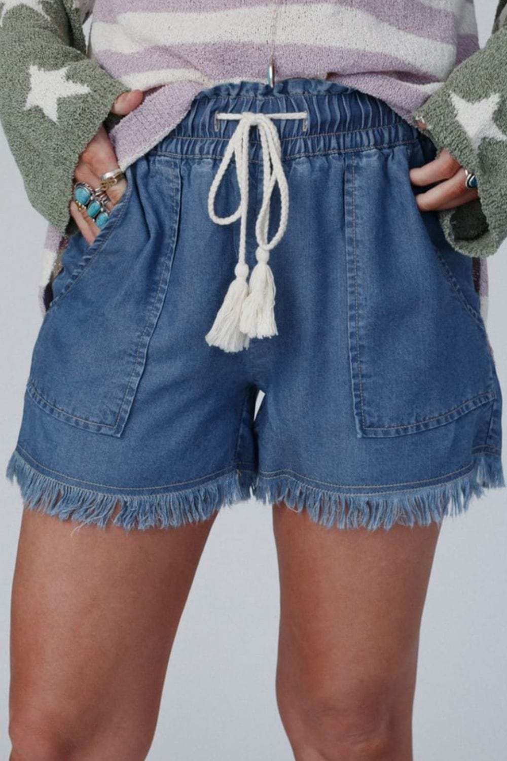 Raw Hem Drawstring High Waist Denim Shorts with Pockets - Trendsi - Flyclothing LLC