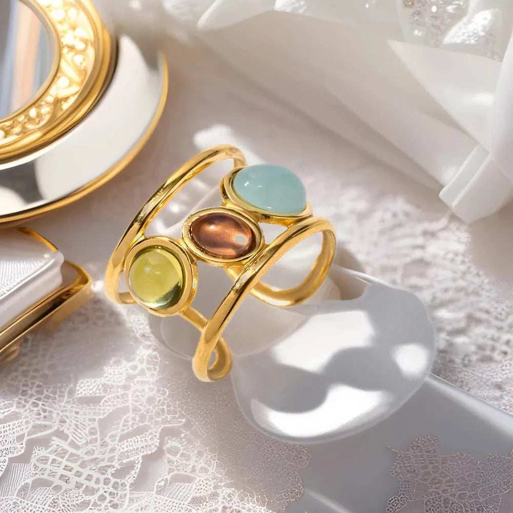 18K Gold-Plated Gemstone Open Cuff Ring - Trendsi - Flyclothing LLC