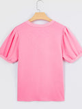 Solid Color V Neck Short Puff Sleeve Blouse - Trendsi - Flyclothing LLC