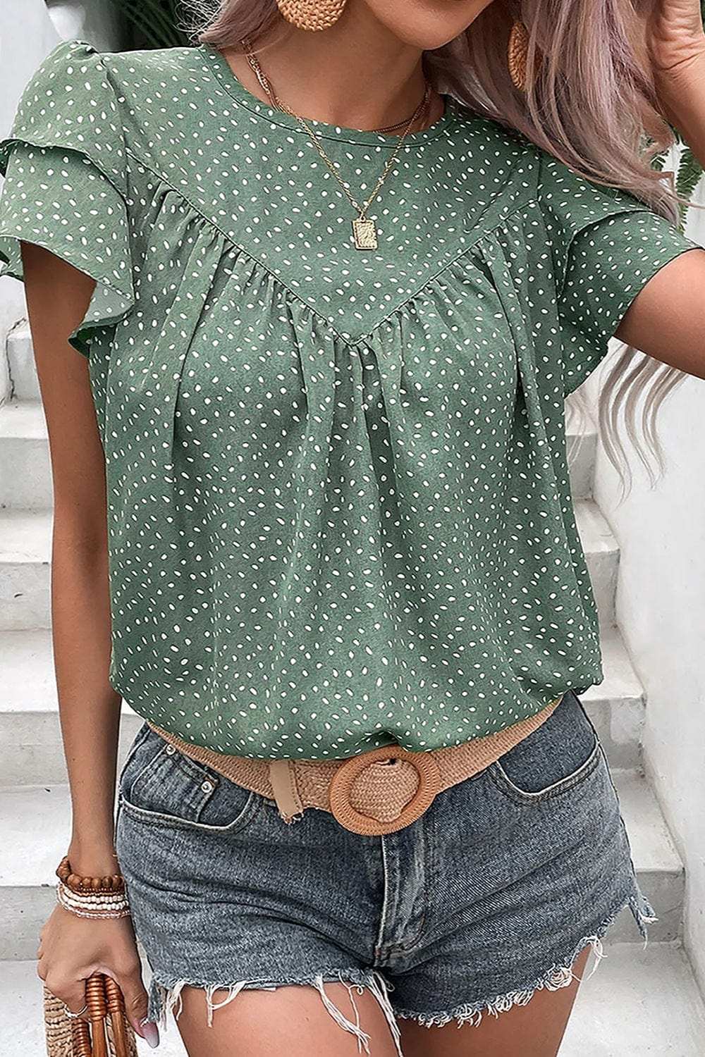 Ruffled Printed Round Neck Cap Sleeve Blouse - Trendsi - Flyclothing LLC