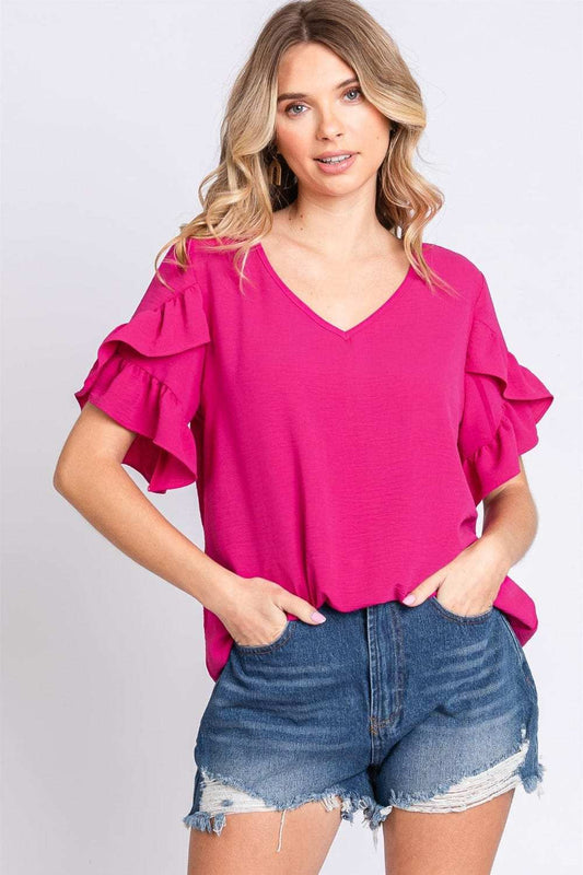 GeeGee V-Neck Ruffle Trim Short Sleeve Blouse - Trendsi - Flyclothing LLC