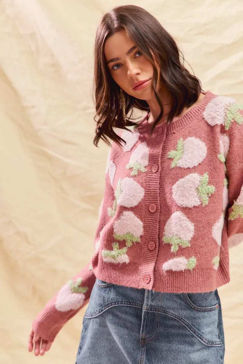 SO ME Strawberry Fruit All Over Button Sweater Cardigan - Trendsi - Flyclothing LLC