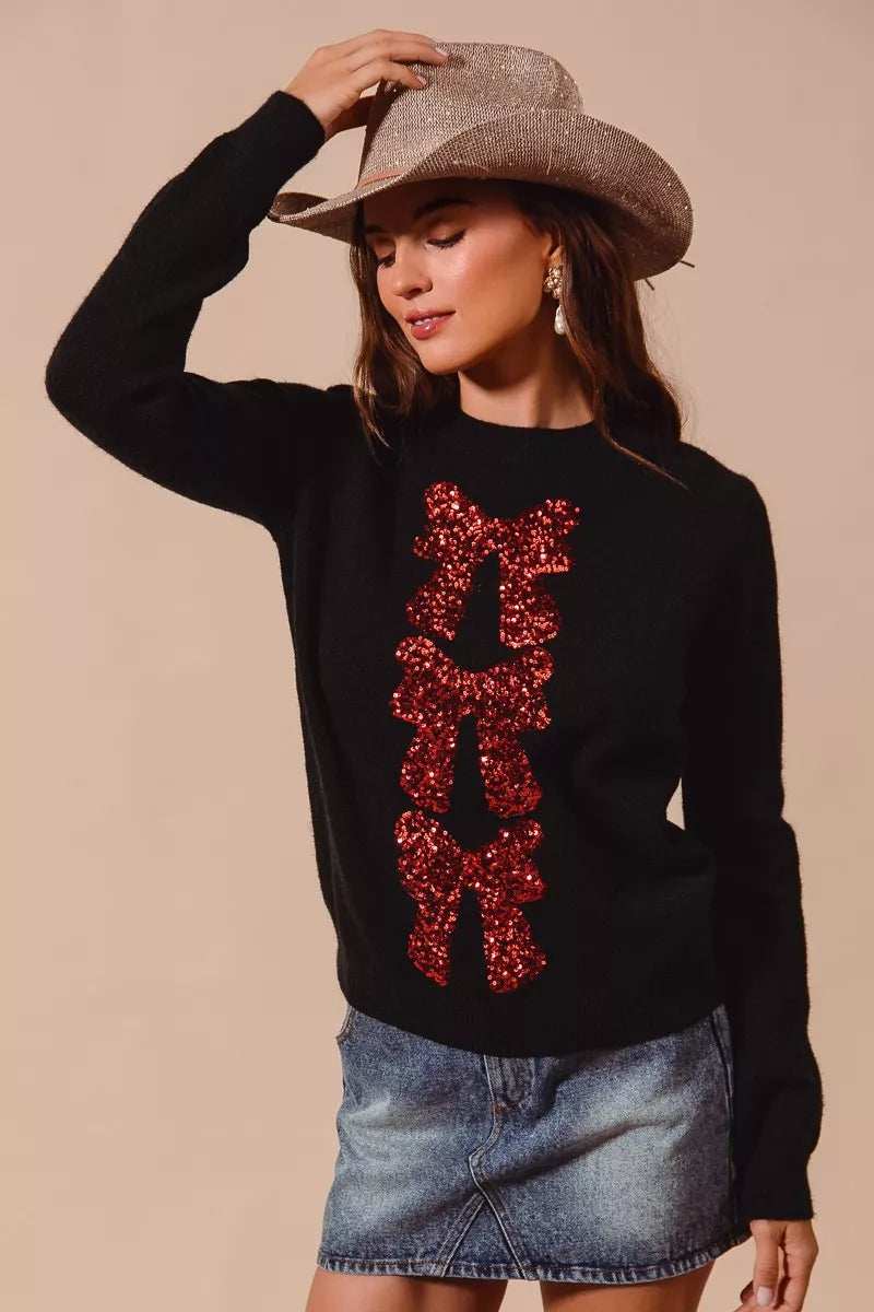 SO ME Sequins Bow Ribbon Embellished Christmas Sweater - Trendsi - Flyclothing LLC