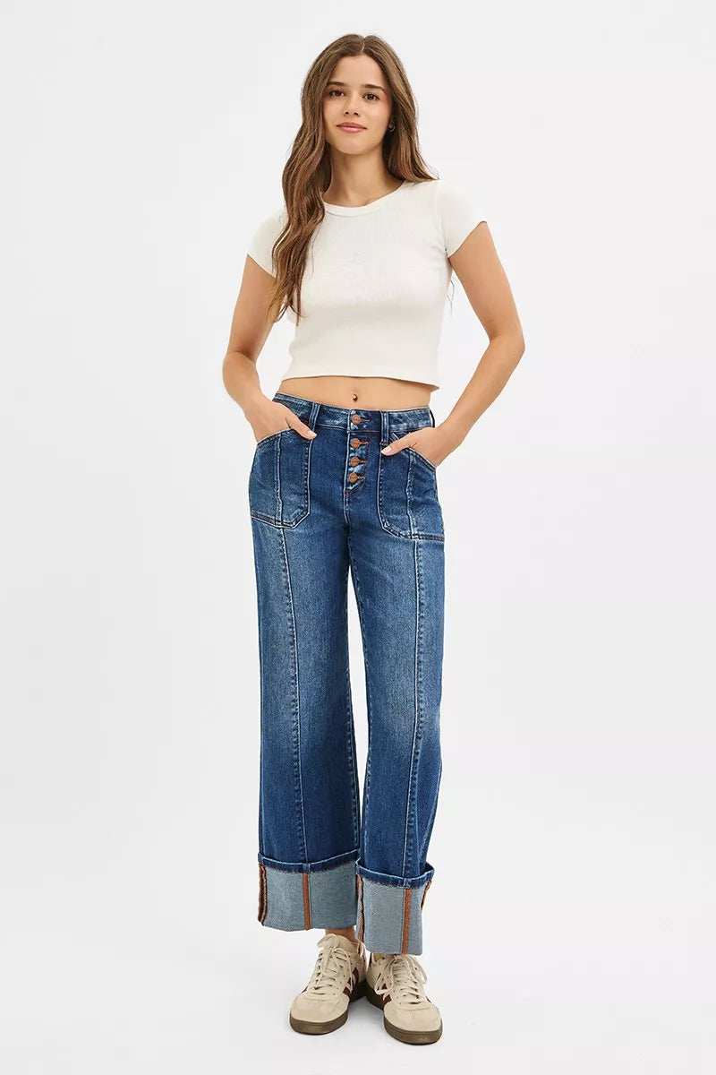 RISEN Full Size High Rise Crop Wide Straight Cuffed Jeans Plus Size - Trendsi - Flyclothing LLC