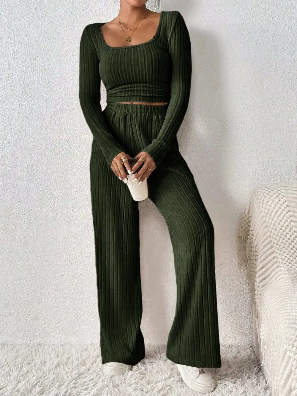 Scoop Neck Long Sleeve Top and Pants Set - Trendsi - Flyclothing LLC