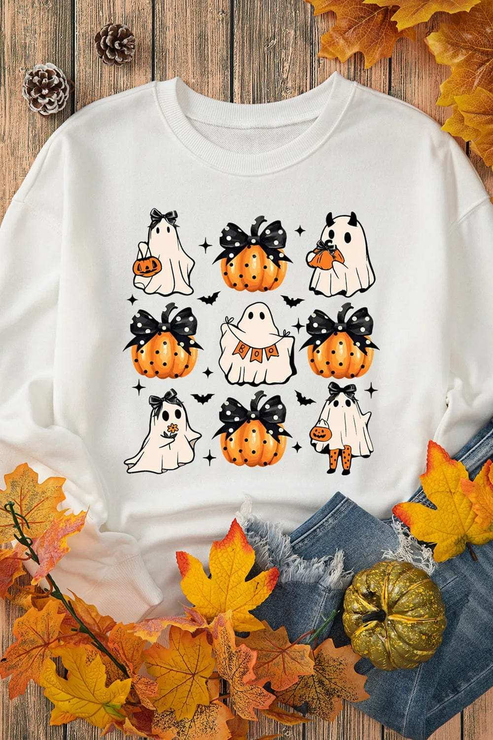 Pumpkin & Ghost Round Neck Long Sleeve Sweatshirt - Trendsi - Flyclothing LLC