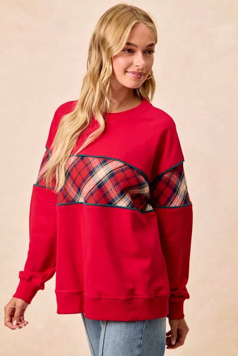 BiBi Christmas Theme Plaid Block Sweatshirt with Binding - Trendsi - Flyclothing LLC