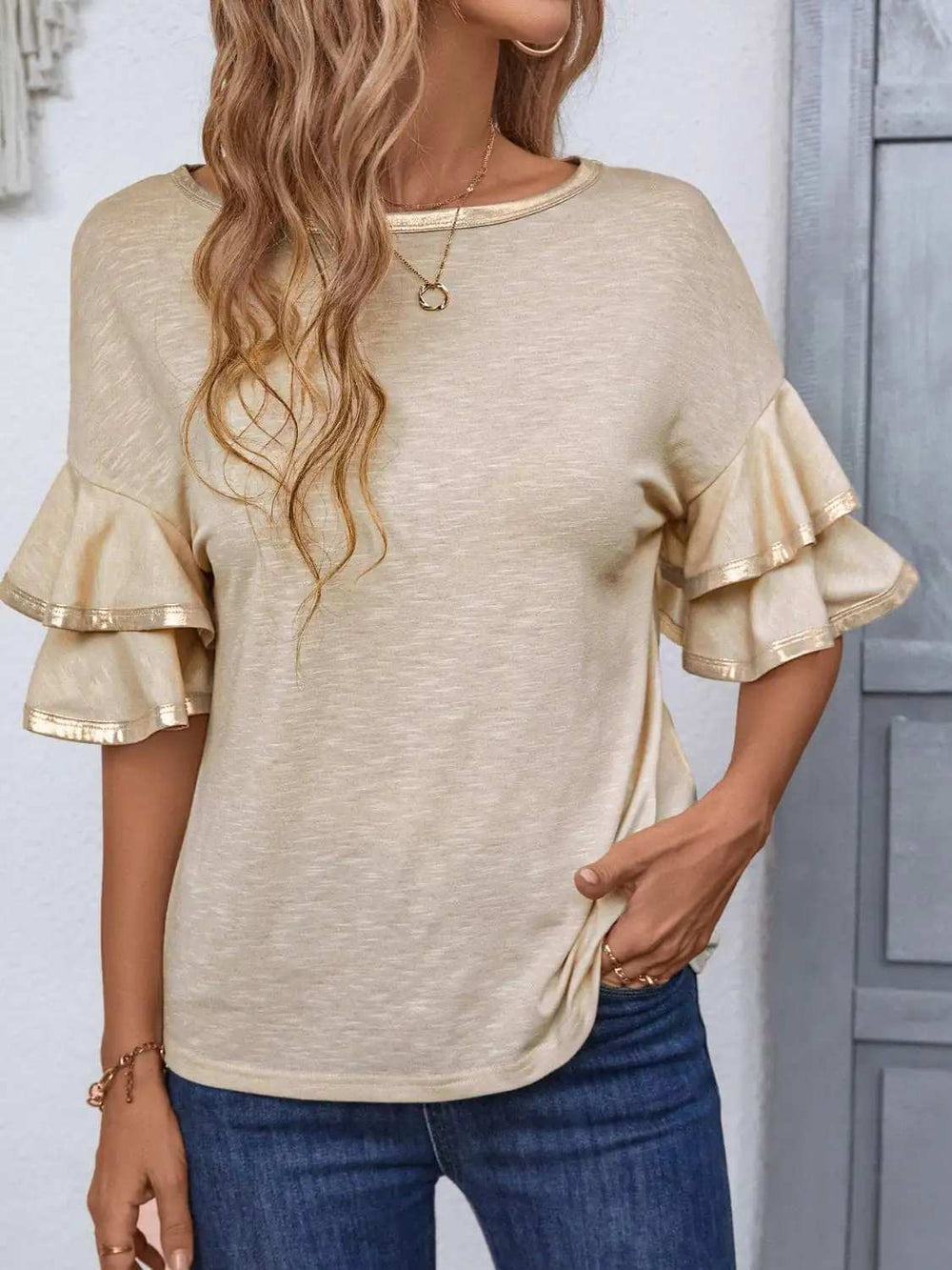 Round Neck Flounce Sleeve T-Shirt - Trendsi - Flyclothing LLC