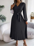 Pleated Tied V-Neck Long Sleeve Dress - Trendsi - Flyclothing LLC
