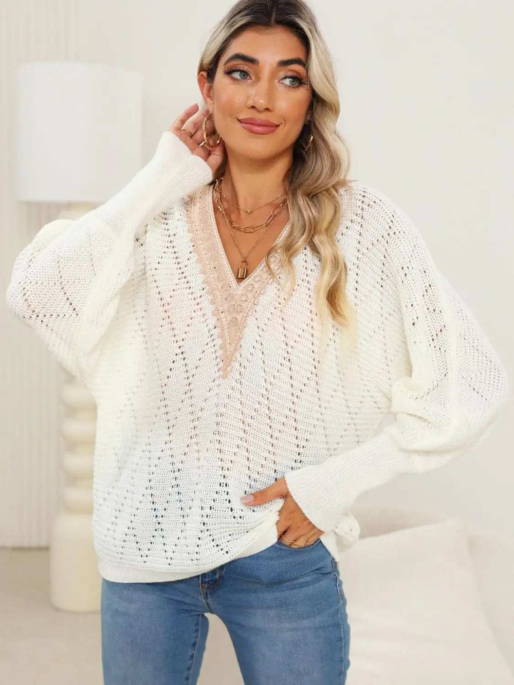 Lace Detail V-Neck Long Sleeve Sweater - Trendsi - Flyclothing LLC