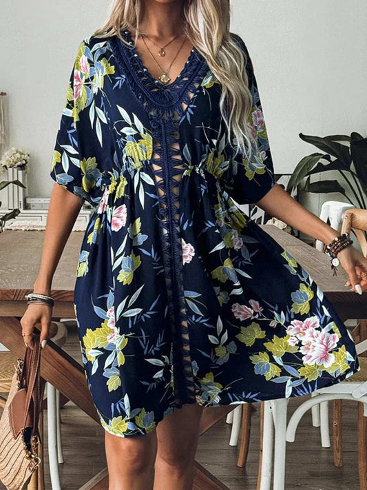 Crochet Front V-Neck Printed Cover-Up - Trendsi - Flyclothing LLC