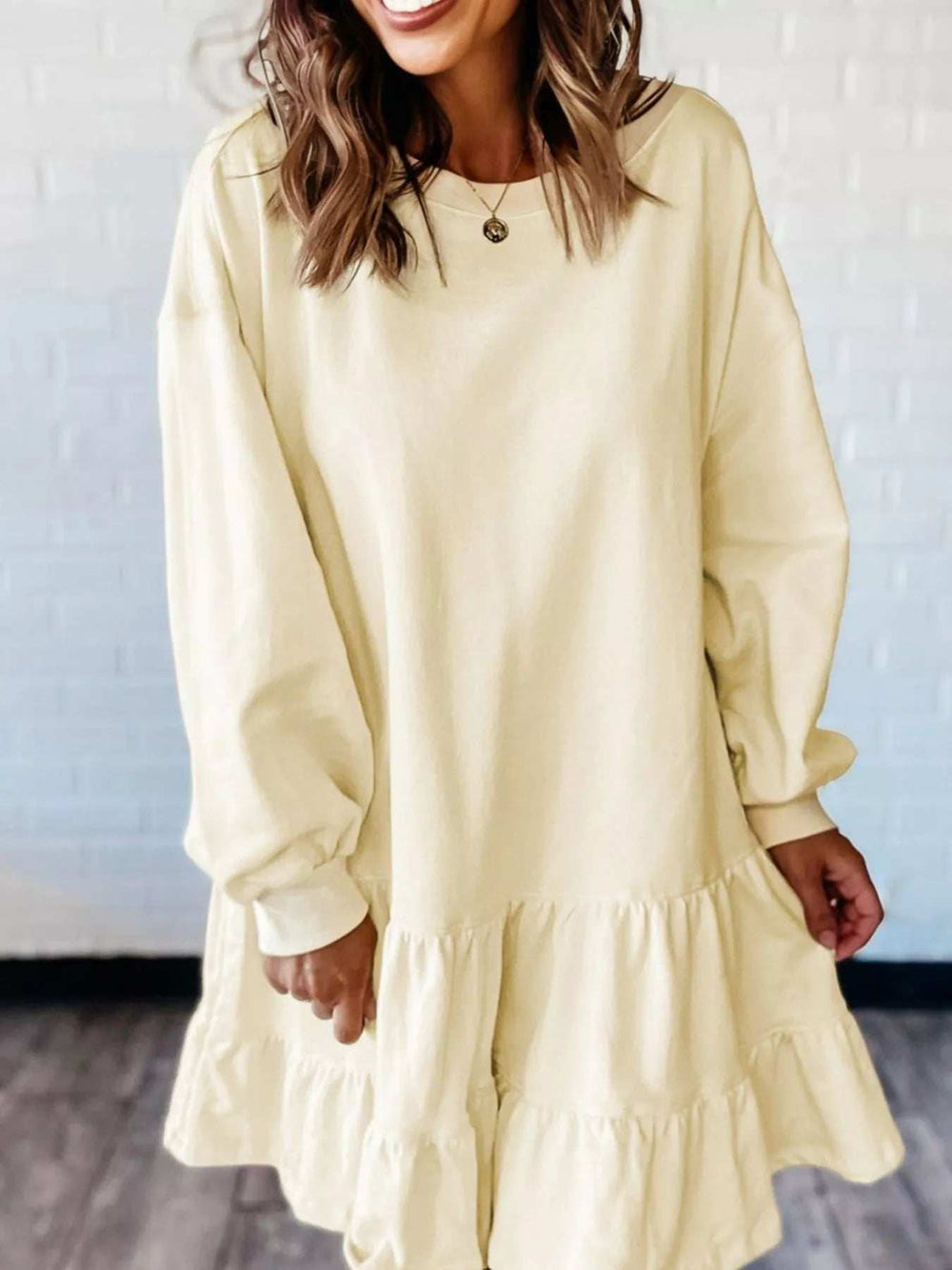 Double Tiered Ruffle Hem Long Sleeve Loose Mini Dress - Trendsi - Flyclothing LLC