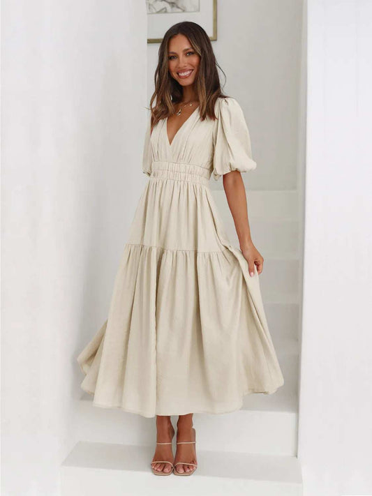 Tiered Surplice Half Sleeve Midi Dress - Trendsi - Flyclothing LLC