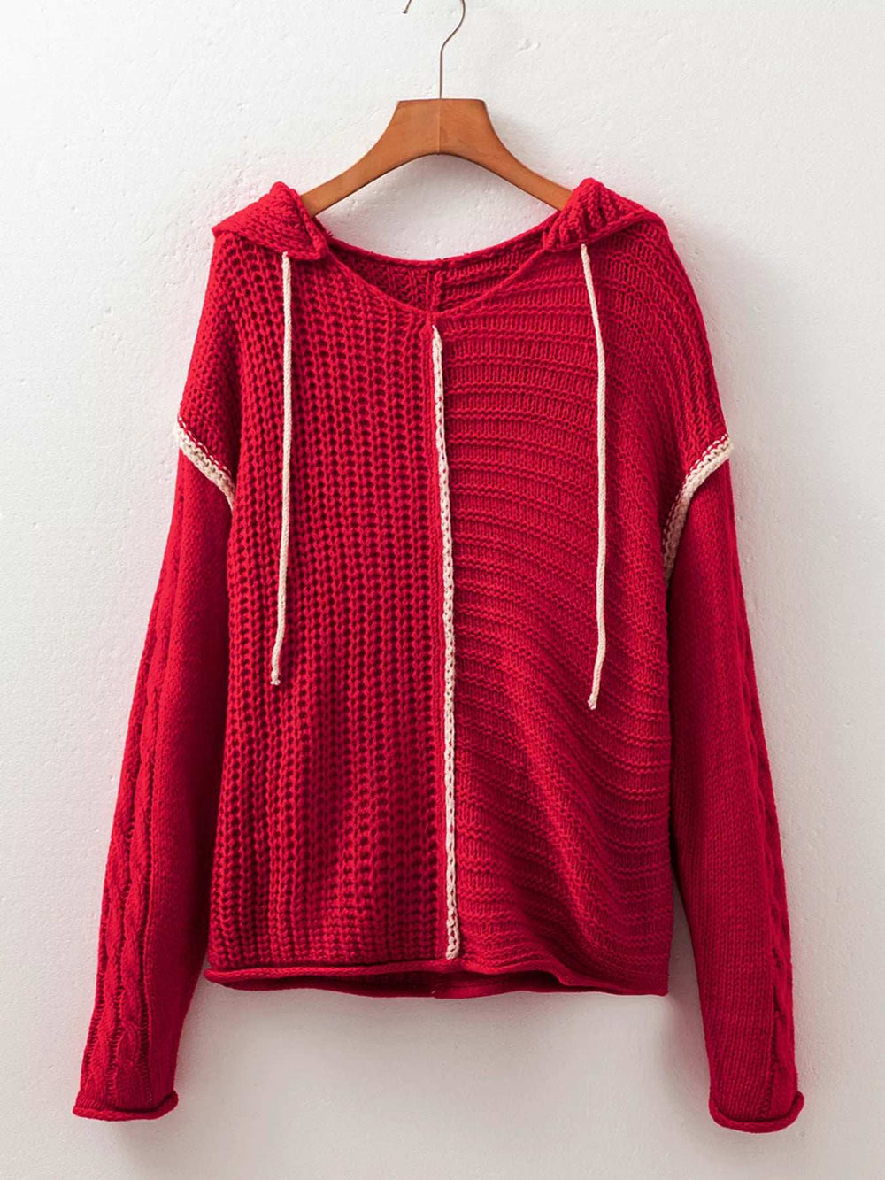 Contrast Trim Textured Knit Drawstring Hooded Sweater - Trendsi - Flyclothing LLC