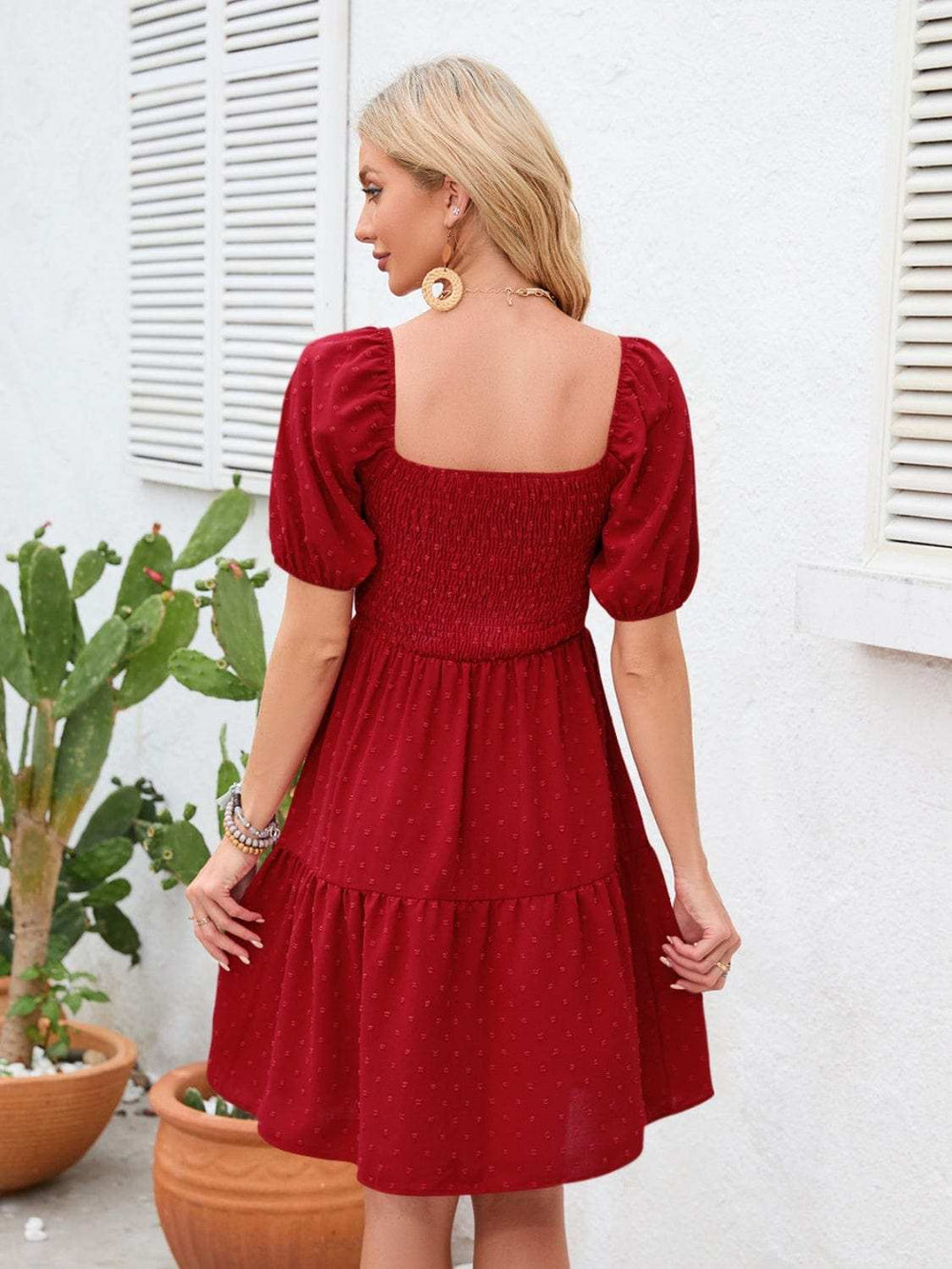 Swiss Dot Smocked Square Neck Dress - Trendsi - Flyclothing LLC