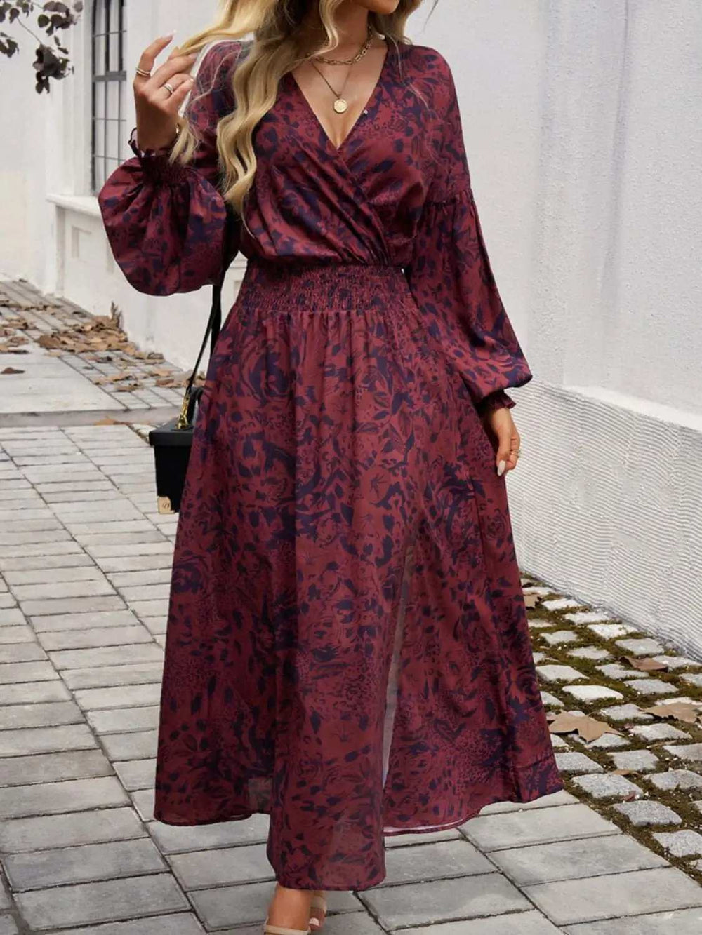 Split Printed Surplice Long Sleeve Midi Dress - Trendsi - Flyclothing LLC