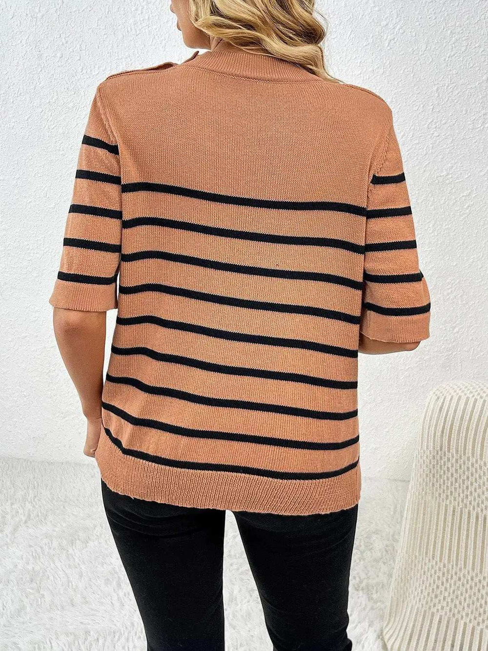 Striped Round Neck Half Sleeve Knit Top - Trendsi - Flyclothing LLC