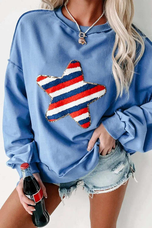 Exposed Seam Star Long Sleeve Sweatshirt - Trendsi - Flyclothing LLC
