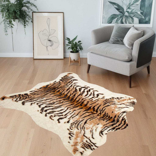 4' X 5' Brown and Black Faux Fur Tiger Print Shag Area Rug - Homeroots - Flyclothing LLC