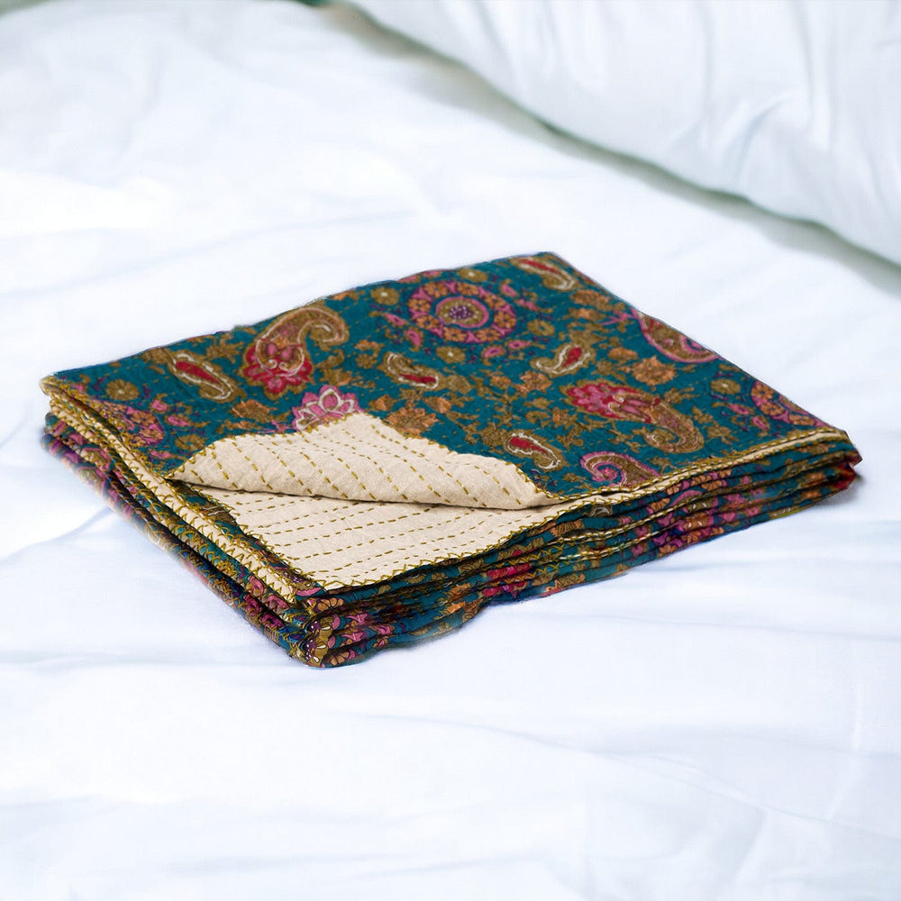 50" X 70" Green and Pink Kantha Cotton Paisley Throw Blanket with Embroidery - Homeroots - Flyclothing LLC