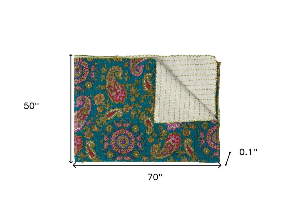 50" X 70" Green and Pink Kantha Cotton Paisley Throw Blanket with Embroidery - Homeroots - Flyclothing LLC