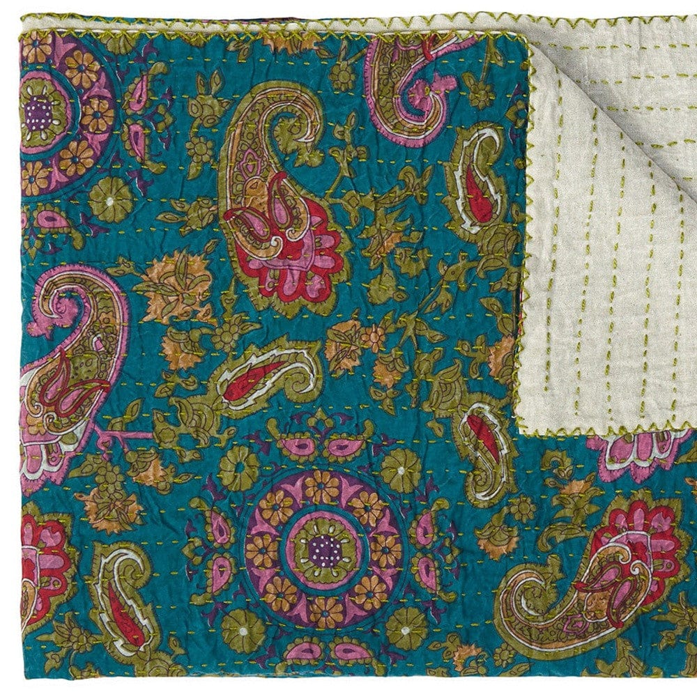 50" X 70" Green and Pink Kantha Cotton Paisley Throw Blanket with Embroidery - Homeroots - Flyclothing LLC