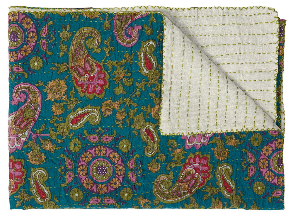 50" X 70" Green and Pink Kantha Cotton Paisley Throw Blanket with Embroidery - Homeroots - Flyclothing LLC