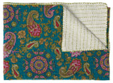 50" X 70" Green and Pink Kantha Cotton Paisley Throw Blanket with Embroidery - Homeroots - Flyclothing LLC