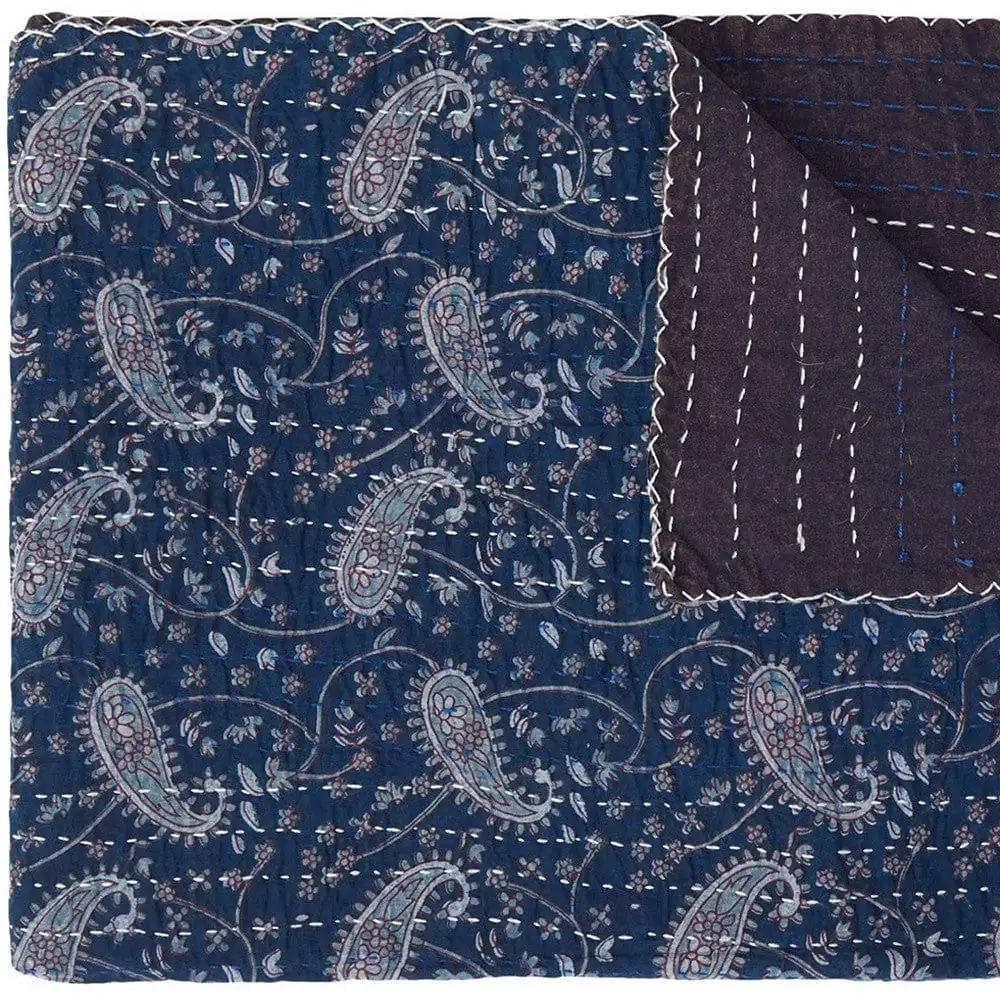 50" X 70" Blue and Gray Kantha Cotton Paisley Throw Blanket with Embroidery - Homeroots - Flyclothing LLC