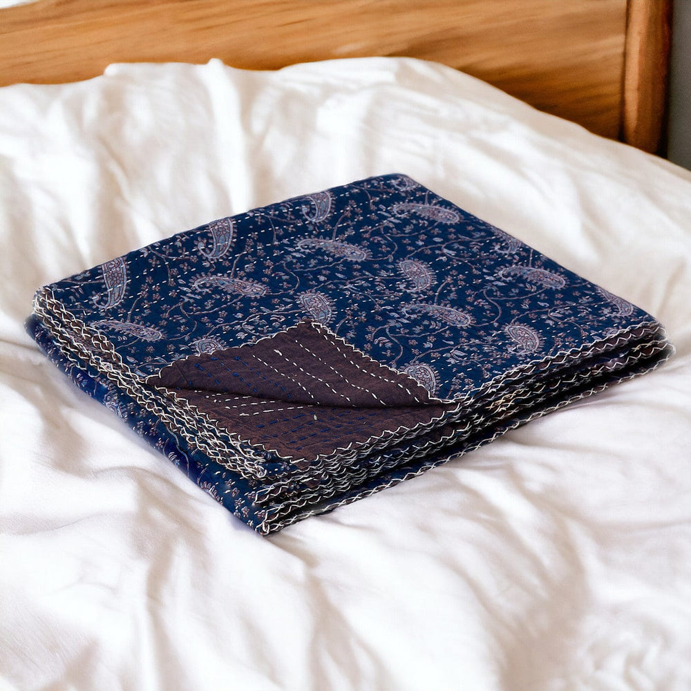 50" X 70" Blue and Gray Kantha Cotton Paisley Throw Blanket with Embroidery - Homeroots - Flyclothing LLC