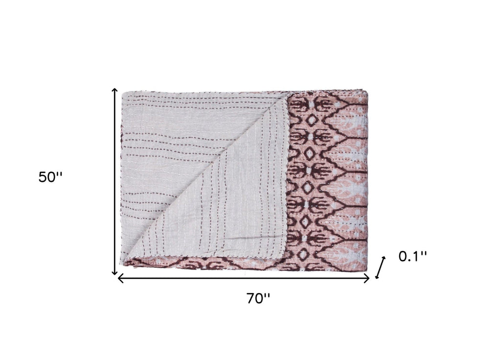 50" X 70" Pink and Brown Kantha Cotton Abstract Throw Blanket with Embroidery - Homeroots - Flyclothing LLC