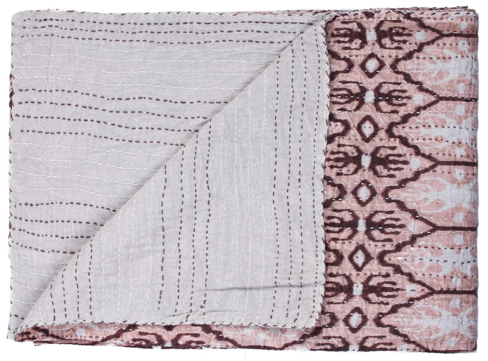 50" X 70" Pink and Brown Kantha Cotton Abstract Throw Blanket with Embroidery - Homeroots - Flyclothing LLC