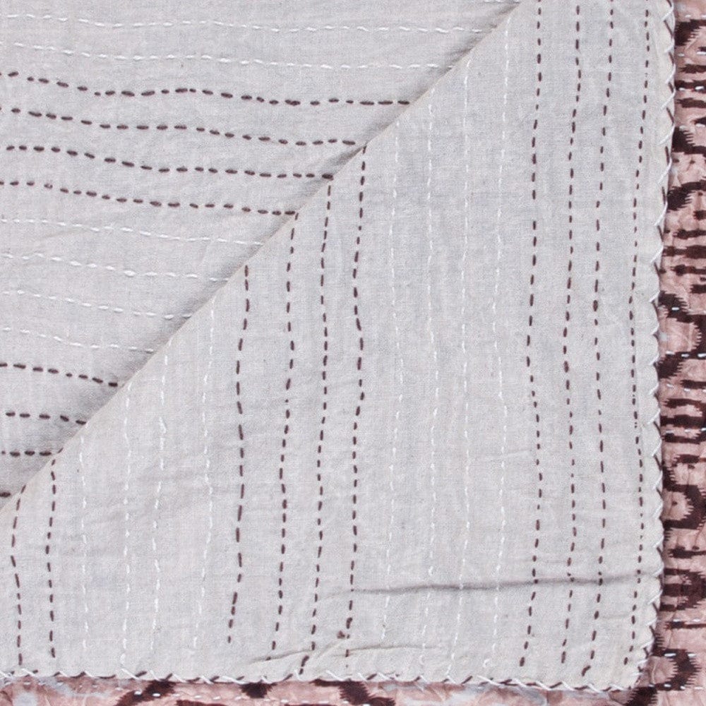50" X 70" Pink and Brown Kantha Cotton Abstract Throw Blanket with Embroidery - Homeroots - Flyclothing LLC