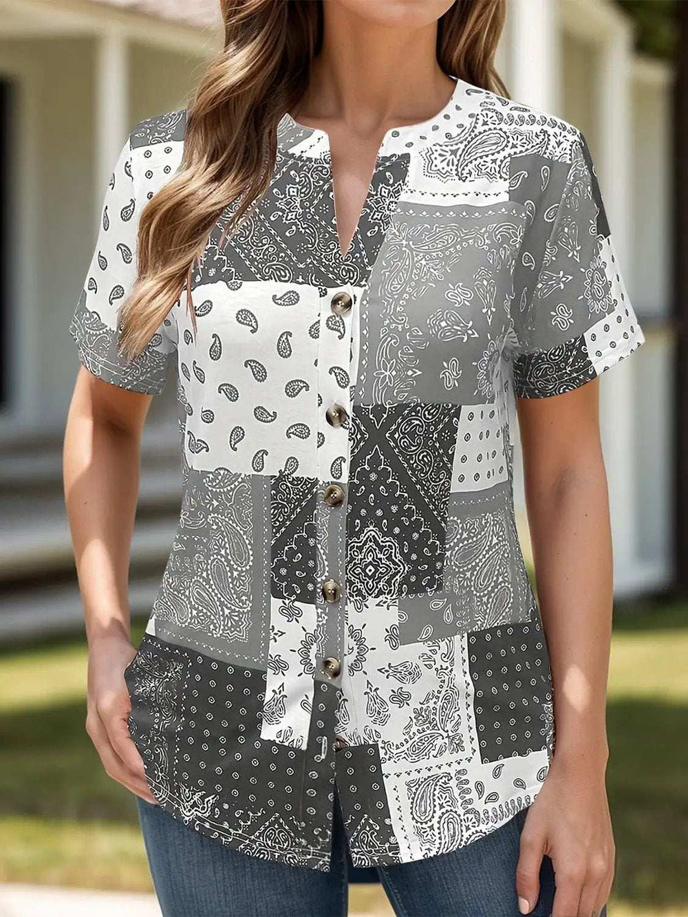 Printed Notched Short Sleeve Blouse - Trendsi - Flyclothing LLC
