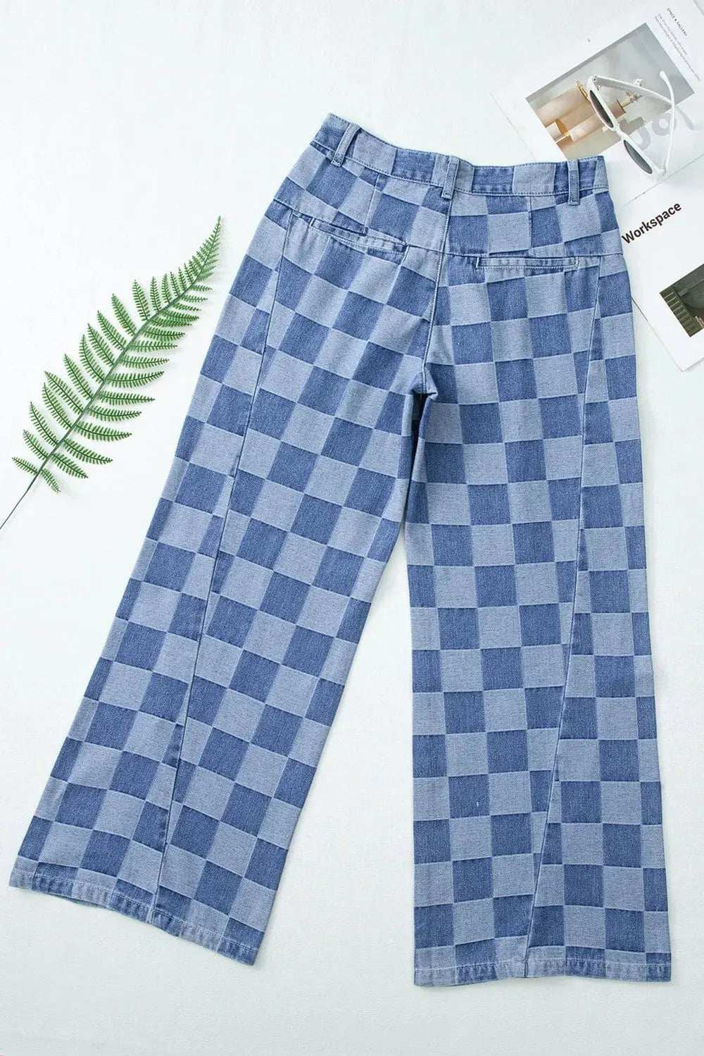 Checkered Wide Leg Jeans with Pockets - Trendsi - Flyclothing LLC