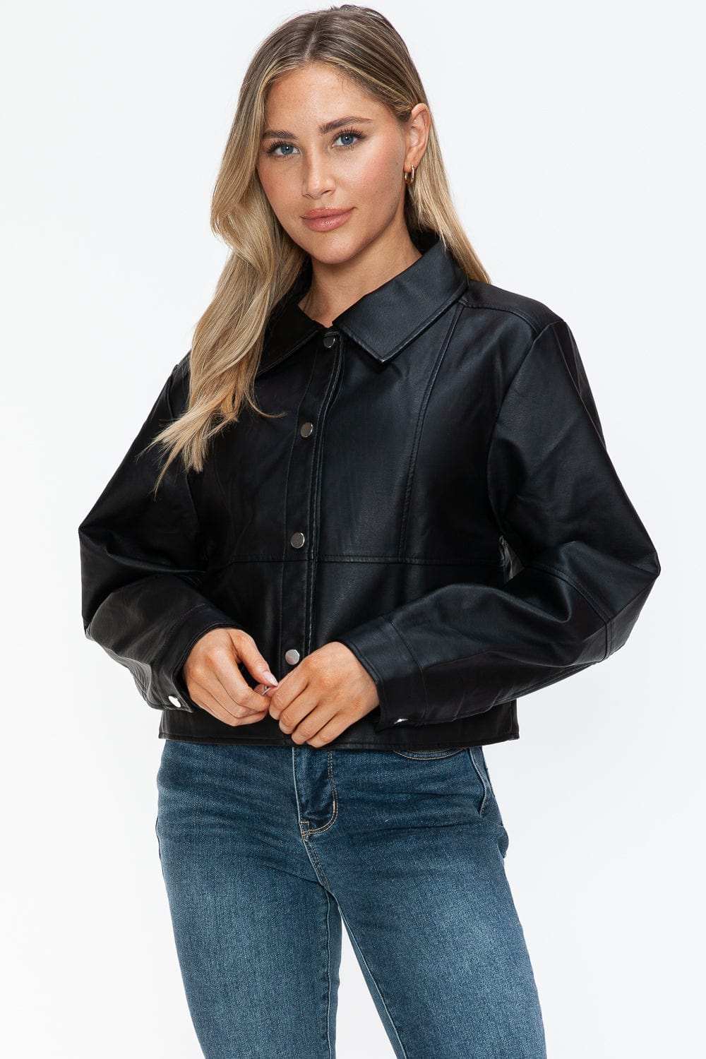 Snobbish Snap Down Long Sleeve PU Leather Jacket - Trendsi - Flyclothing LLC